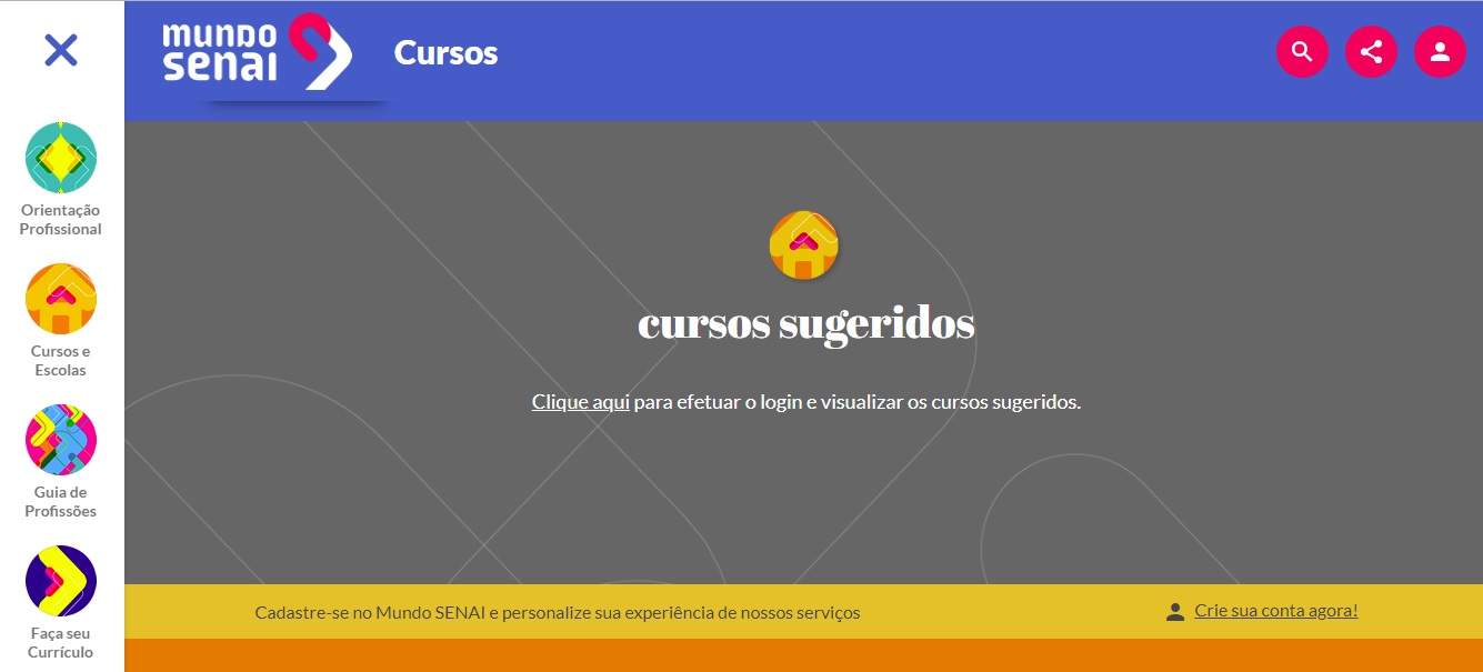 Foto: divulgação/Mundo SENAI O site do Mundo SENAI (www.mundosenai.com.br) sugere cursos para à disposição do usuário